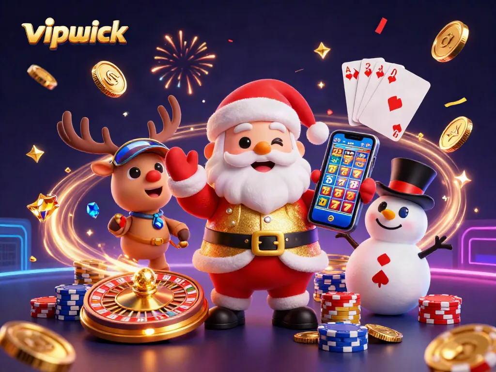 Experience winning at vipluck casino with Santa, a reindeer dealer, and a poker chip snowman
