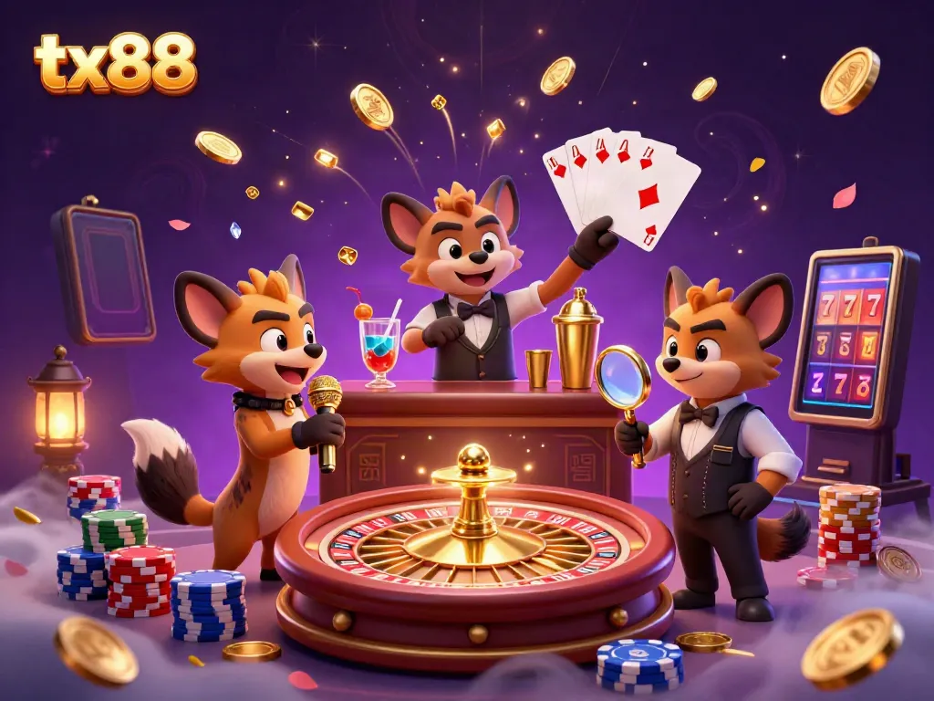 Experience the vibrant tx88 casino scene with cartoon hyenas showcasing fun and excitement in a detailed 3D illustration.