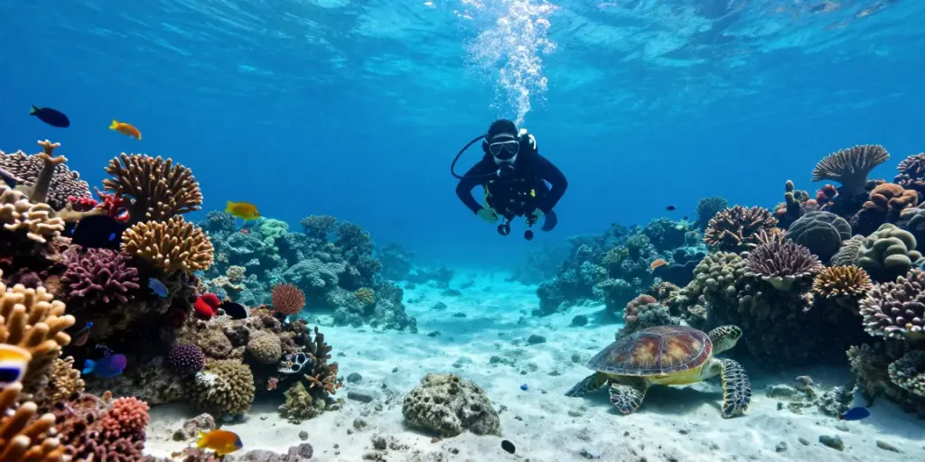 Unterwasserwelt des Tauchsports in Playa del Carmen, bei Deep Dive Mexico, mit bunten Korallen und Meerestieren.
