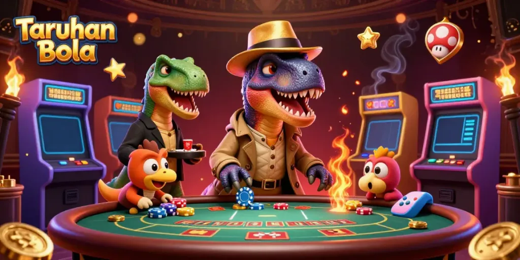 Experience thrilling Taruhan Bola with a velociraptor, stegosaurus, and compy amidst vibrant casino action.