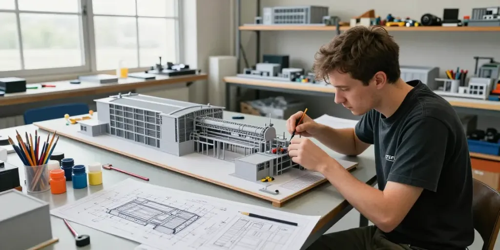 Präzise Erstellung eines Industriemodells in einem professionellen Modellbauatelier.