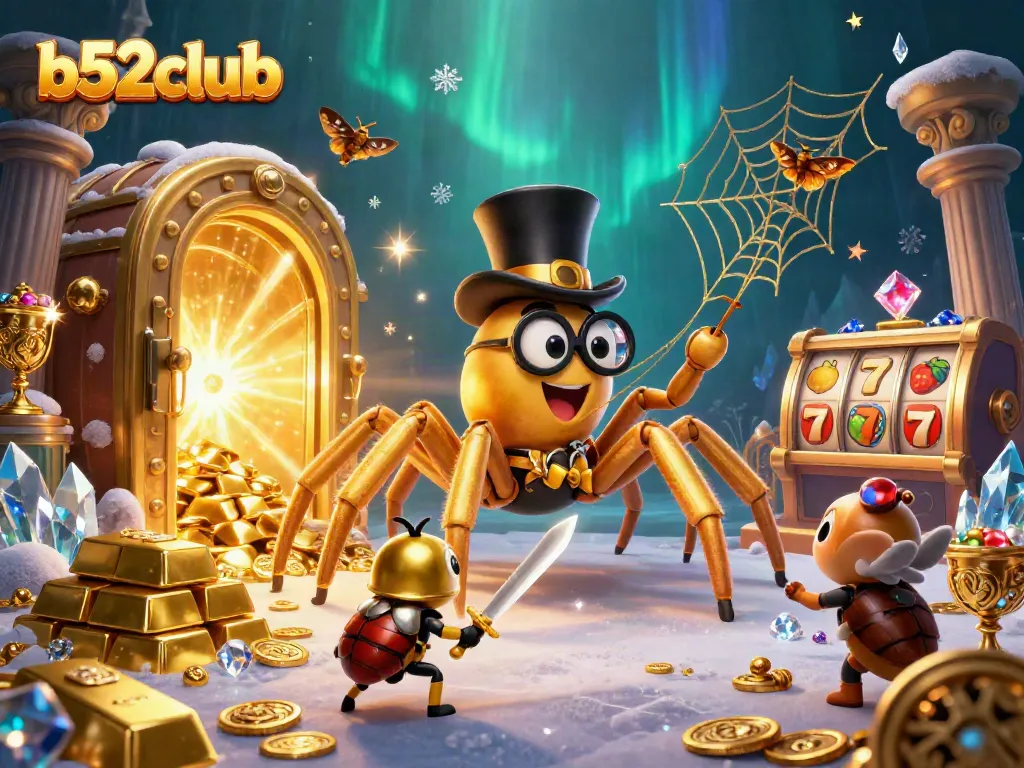 Experience casino excitement with b52club's captivating illustration of adventurous characters amidst golden treasures.