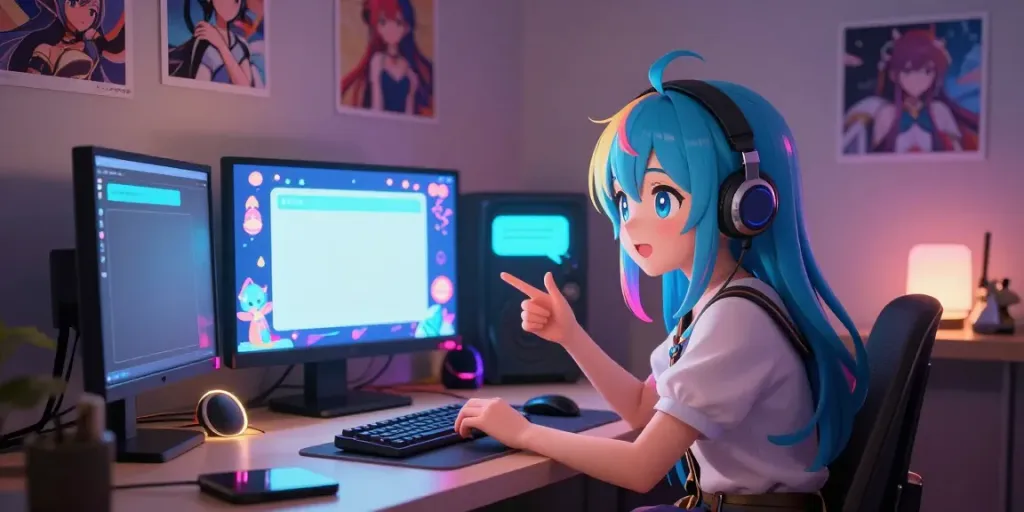AI hentai chat scene with an animated character engaging users in a whimsical virtual room filled with colorful decorations.