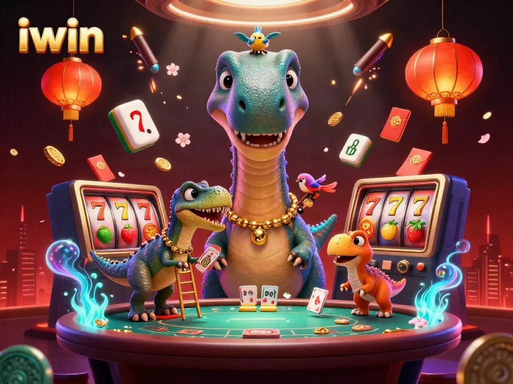 Experience thrilling gameplay with iwin as a whimsical brontosaurus oversees a poker game.