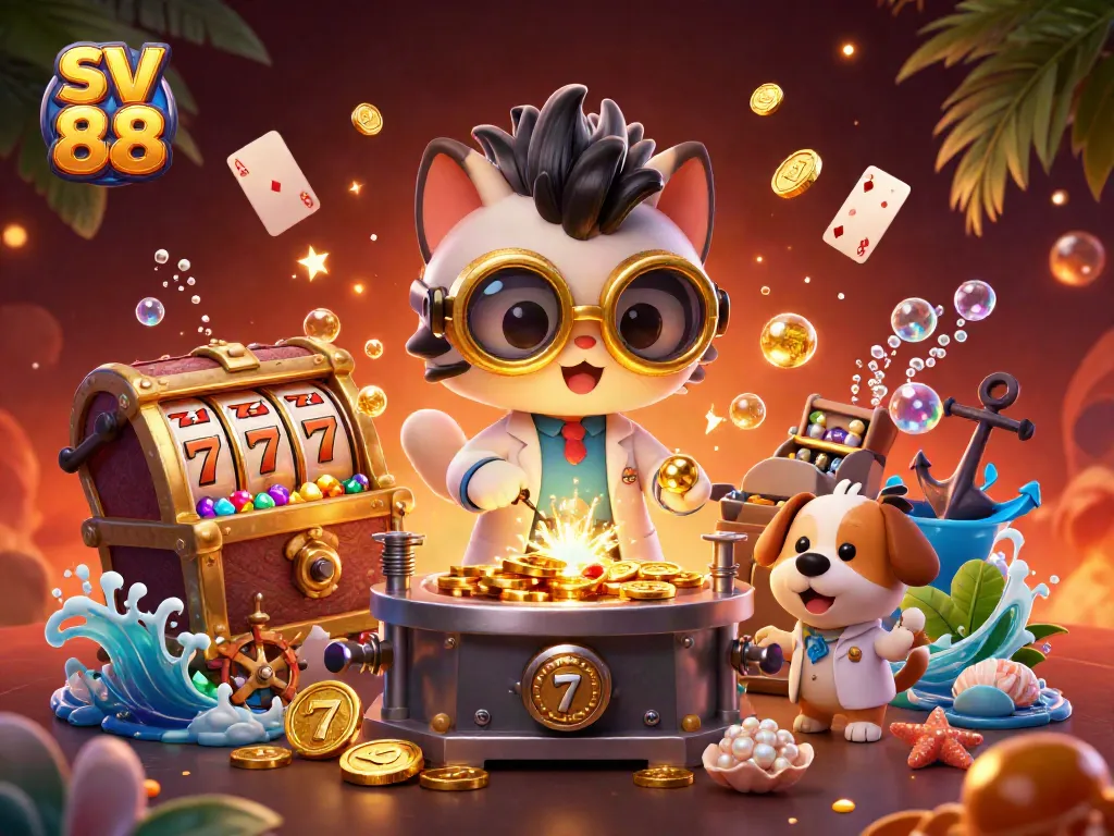 Experience sv 88 gameplay surrounded by a whimsical casino scene filled with gold coins and slot reels.
