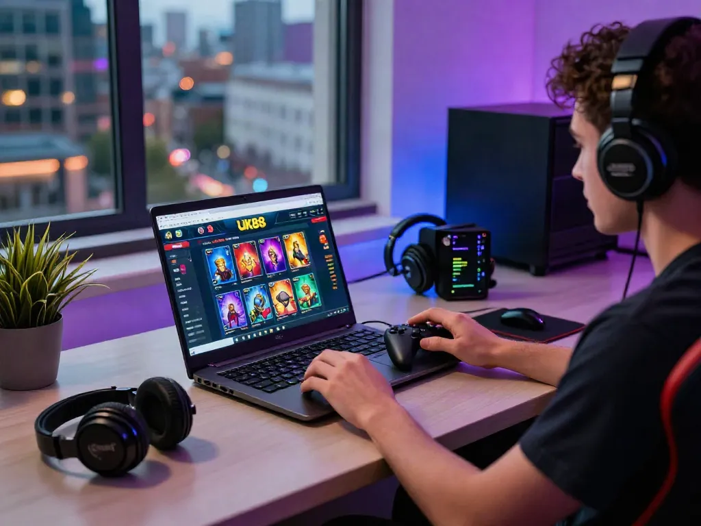 Online gaming enthusiast engaging with the UK88 platform from a modern desk.