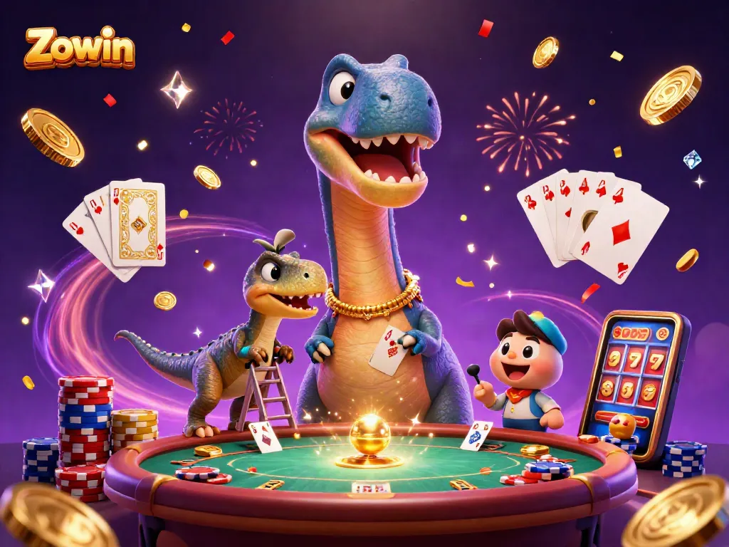 Zowin players engaging in thrilling gameplay at a vibrant casino scene with a giant brontosaurus.