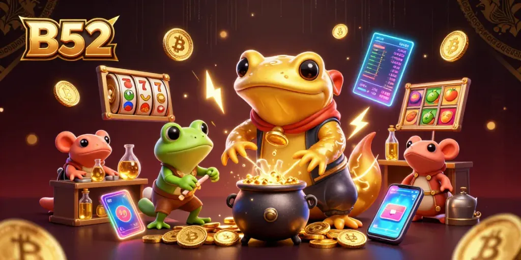 Engage in B52 casino adventures with vibrant characters and dynamic slot elements in a magical lab.