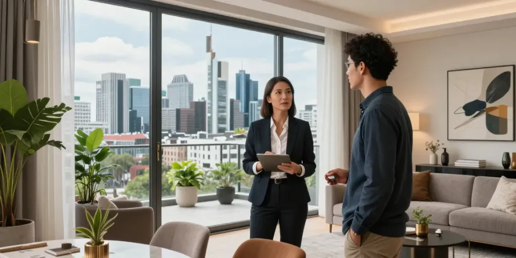 Bester Immobilienmakler Frankfurt bei der Präsentation einer luxuriösen Wohnung mit Blick auf die Skyline.