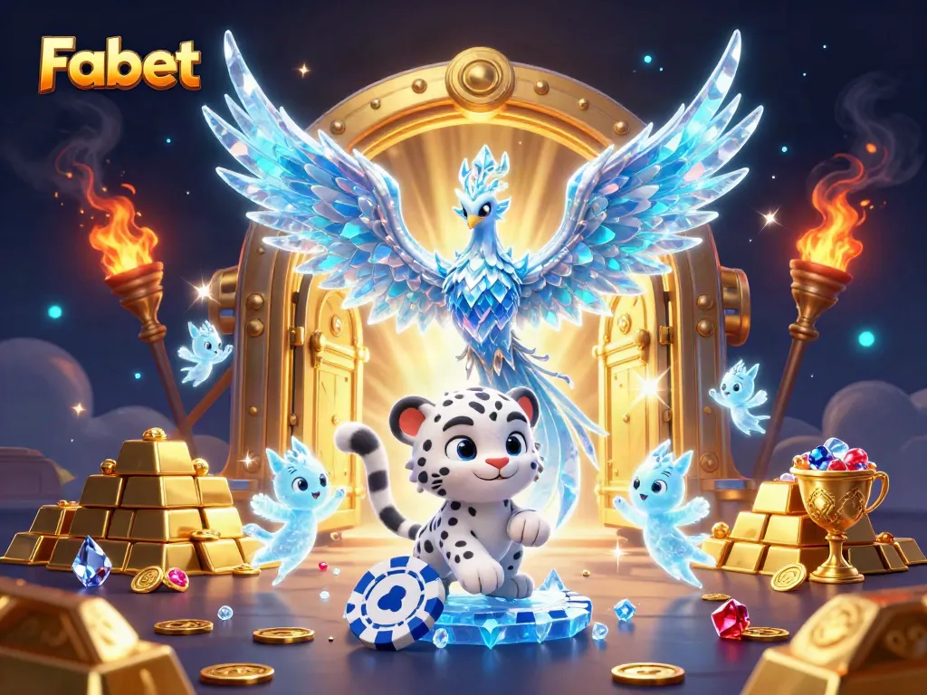 Play with vibrant Fabet characters in a magical casino scene featuring a phoenix and ice sprites.