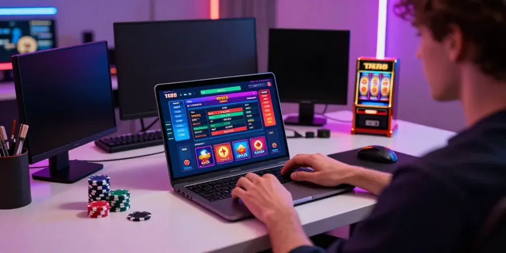 Engaging user experience with TA88 platform on laptop surrounded by gaming items