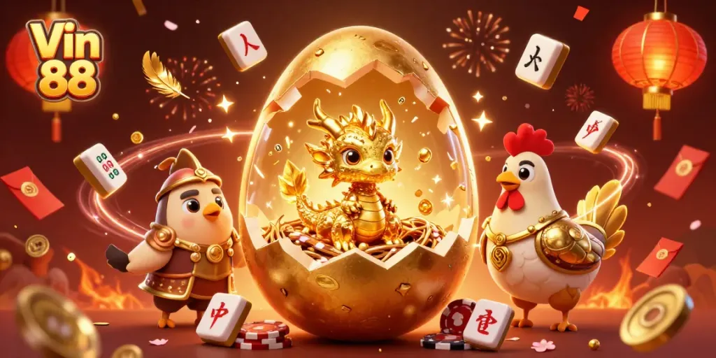 Engage with the vibrant scene at Vin 88 featuring a golden egg, baby dragon, and poker chips amid rich casino elements.