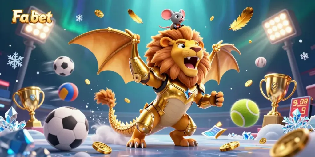 Experience thrilling bets with Fa bet in this dynamic 3D casino illustration showcasing a roaring chimera and sports elements.