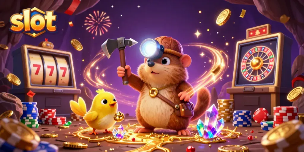 Engaging slot-themed illustration featuring a treasure hunter mole and canary, showcasing exciting casino elements.