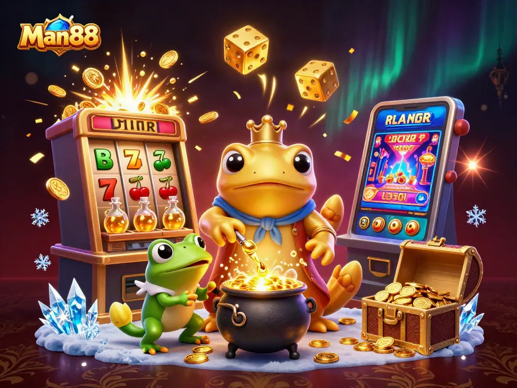 Experience thrilling gameplay with Man88 as gold coins and jackpot excitement burst forth in a vibrant casino scene.