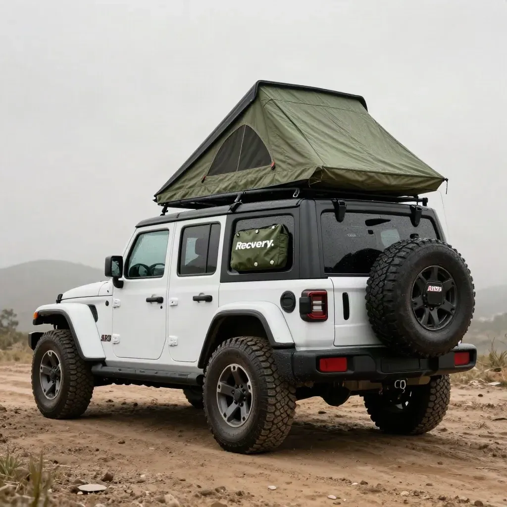 Weißer Jeep Wrangler mit ARB-Dachträger, Dachzelt und Recovery-Boards in nasser Kiesbucht.