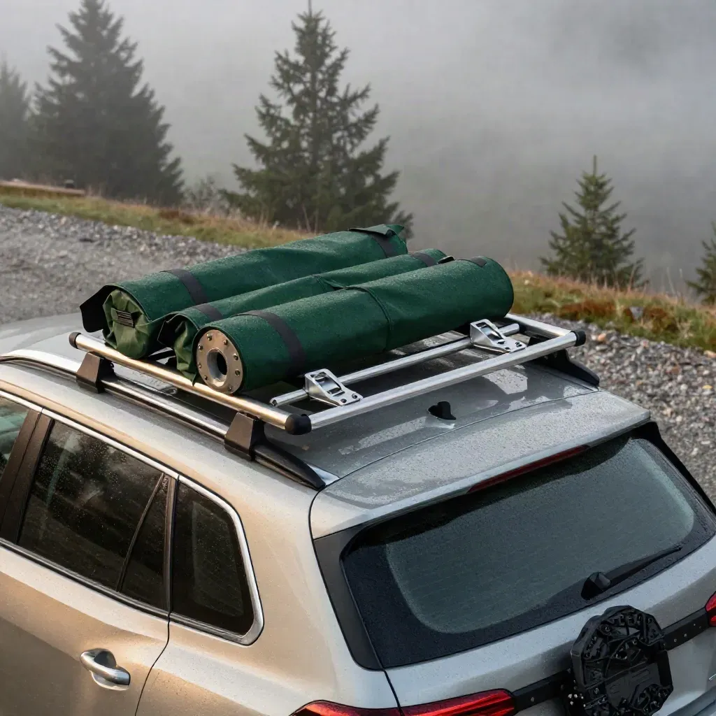 Dachträger auf hellem SUV mit Packroll und Haltern im Morgennebel