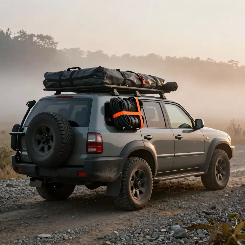 SUV mit Dachträger, Bergeboard, Markise, Softbag und Bergungszubehör im Morgennebel