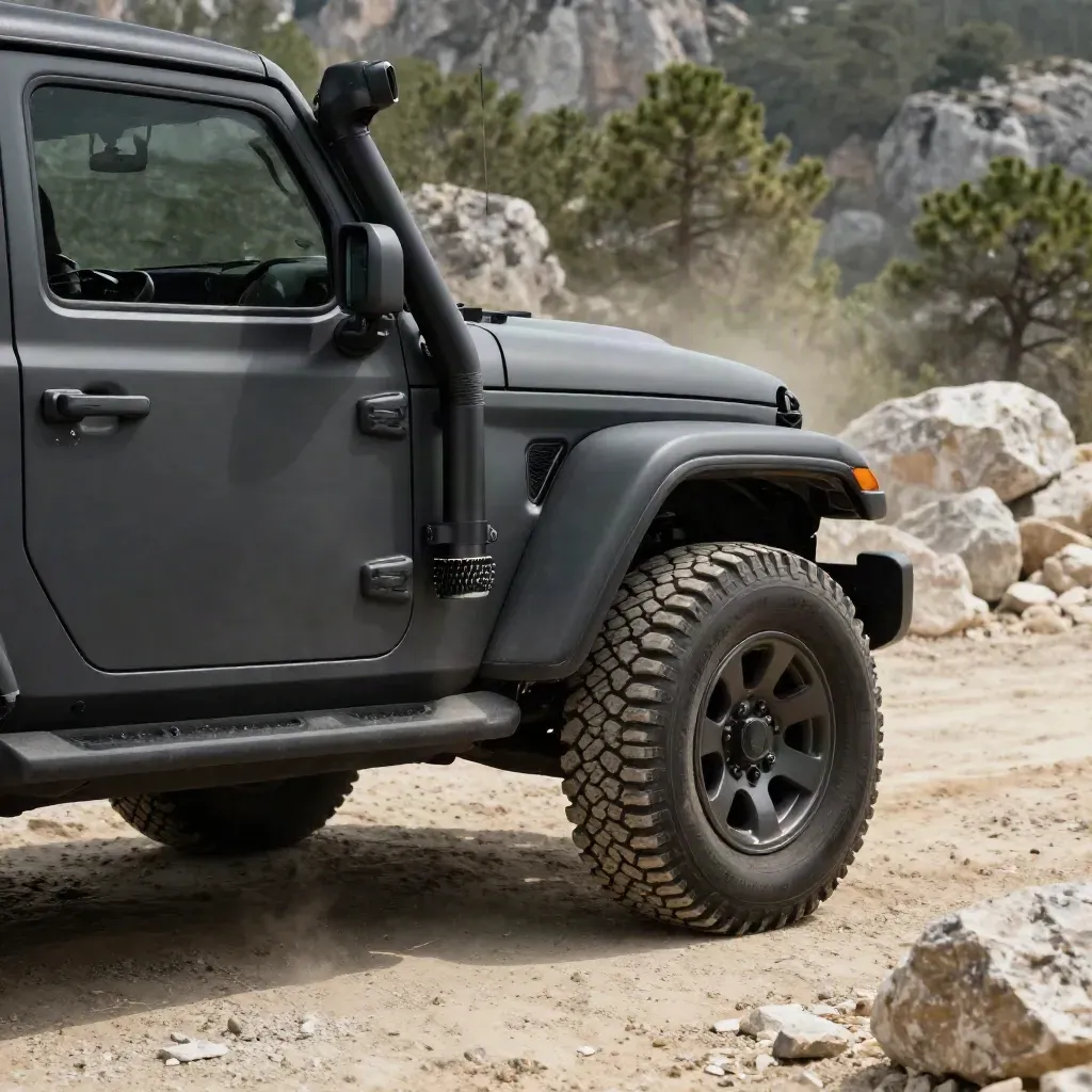 Mattes Snorkel-Kit am Jeep Wrangler, Staub an der Flanke, steiniger Offroad-Hintergrund