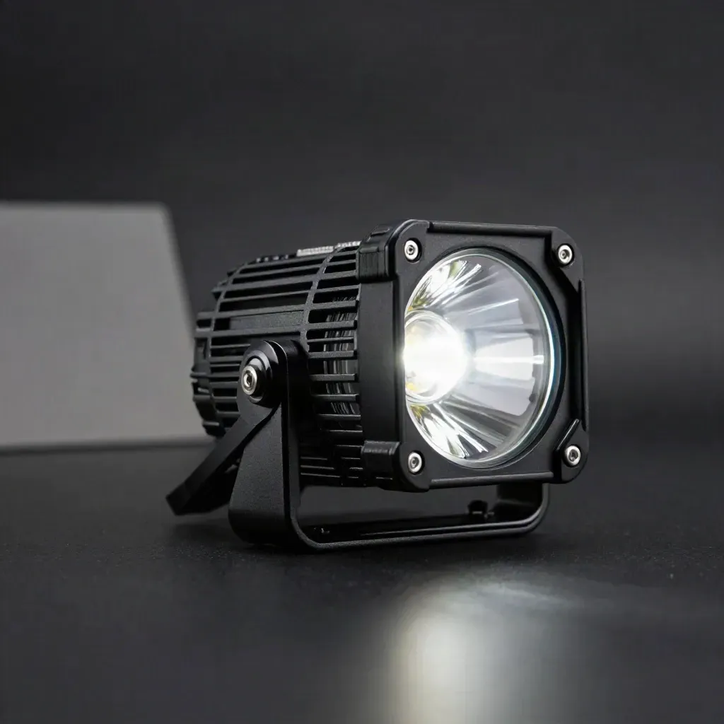 LED-Arbeitslicht mit Kühlrippen und Halterungen auf dunklem Untergrund, diagonal im Studiohaze