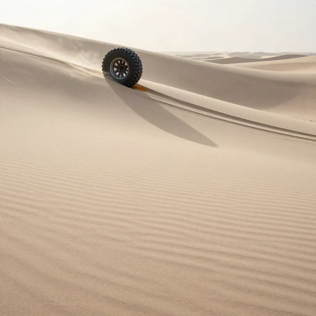 Dünenkante mit einer einzelnen Felge und frischen Reifenspuren, viel ruhiger Sand im Vordergrund