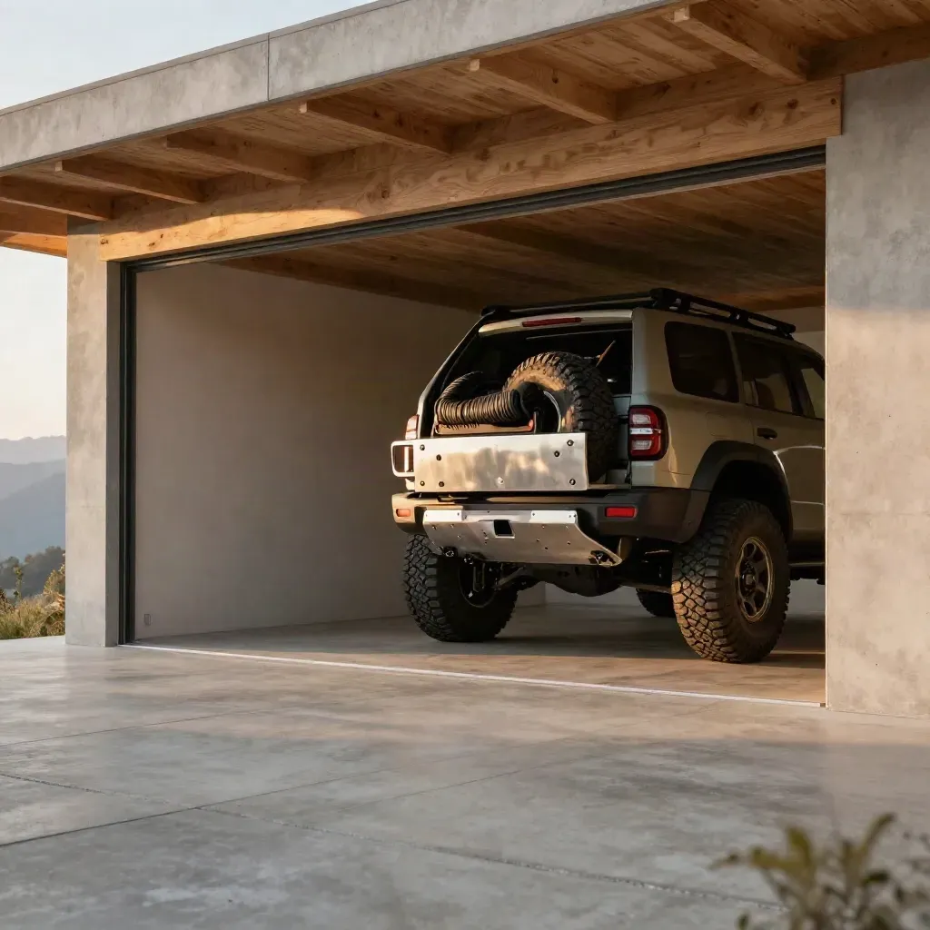 Offener Holz-Beton-Carport am Berghang mit höhergelegtem SUV und langen Abend-Schatten.