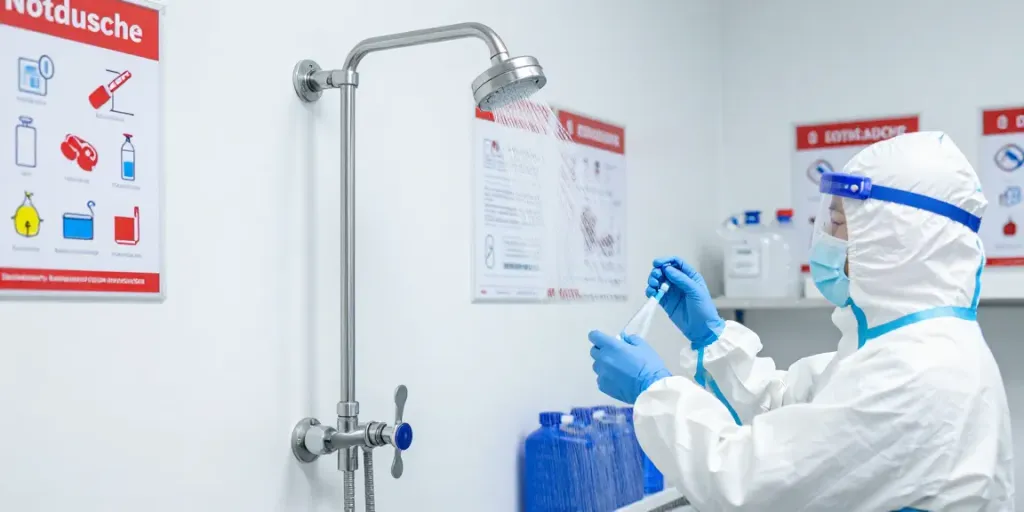Notdusche für Chemiebetrieb in a laboratory setting demonstrating essential safety features.