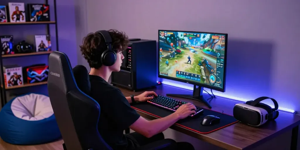 Gamer engrossed in rokok88 gameplay, surrounded by gaming gear and lively atmosphere.