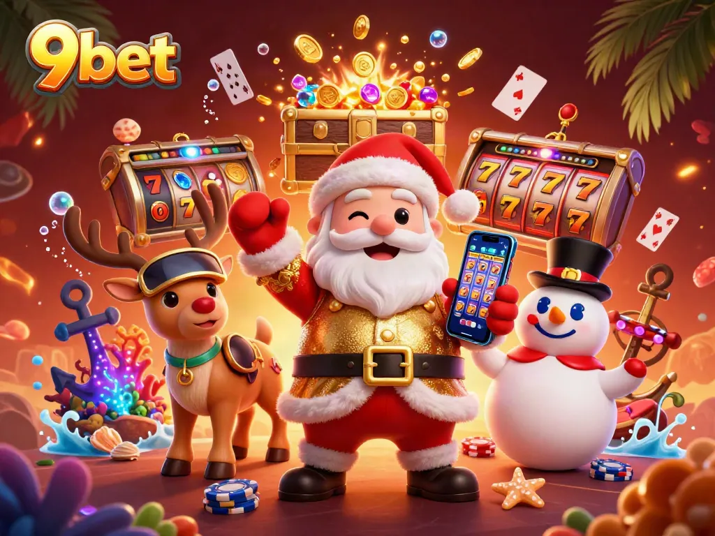 A friendly Santa Claus and companions interact around exciting 9bet slot game elements, illustrating the gambling fun.