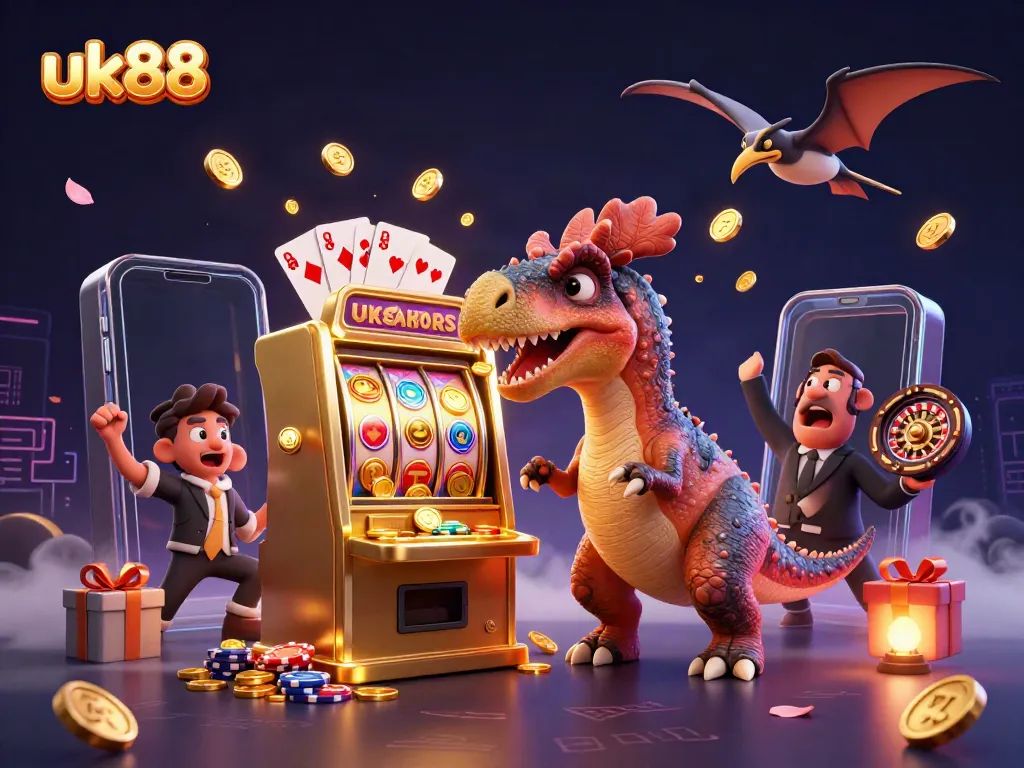 uk88 showcases a pachycephalosaurus celebrating a jackpot payout at a colorful casino with coins flying