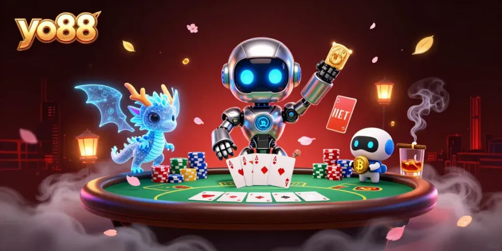 Experience excitement at yo88 with a vibrant 3D casino scene featuring poker elements.