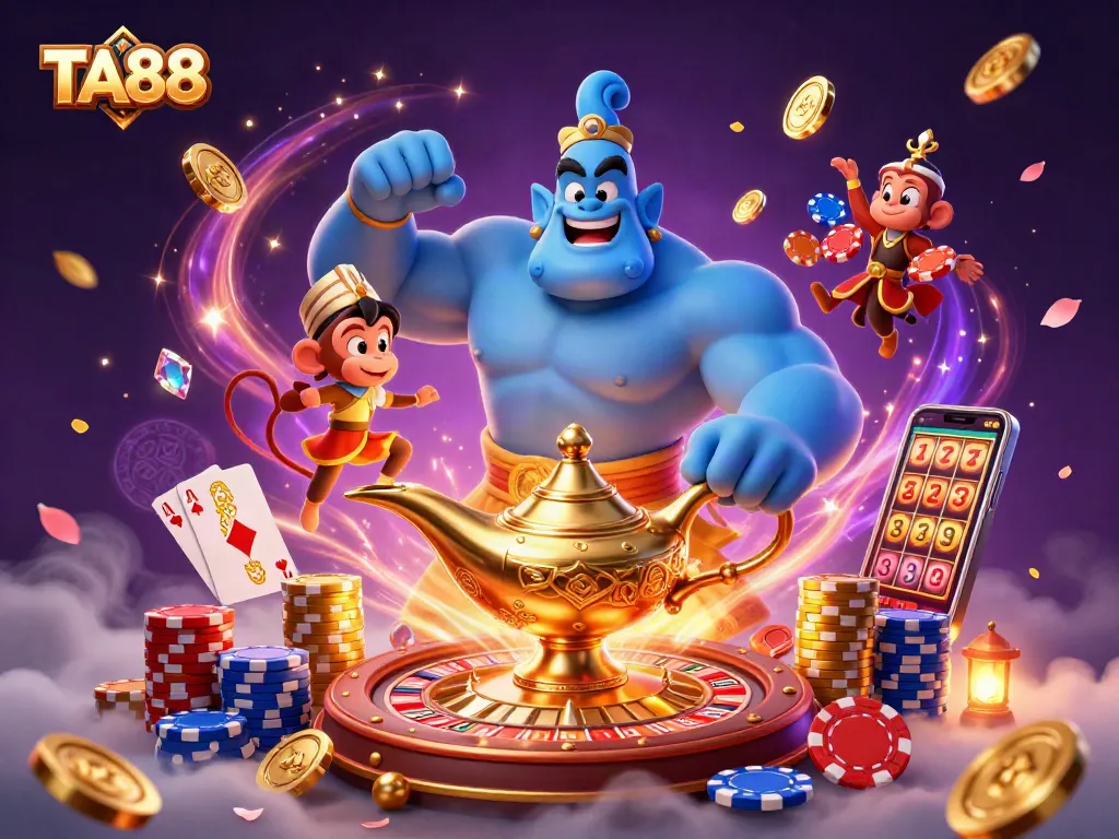 Experience thrilling gaming adventures at TA88 with a golden genie, poker chips, and gaming elements.