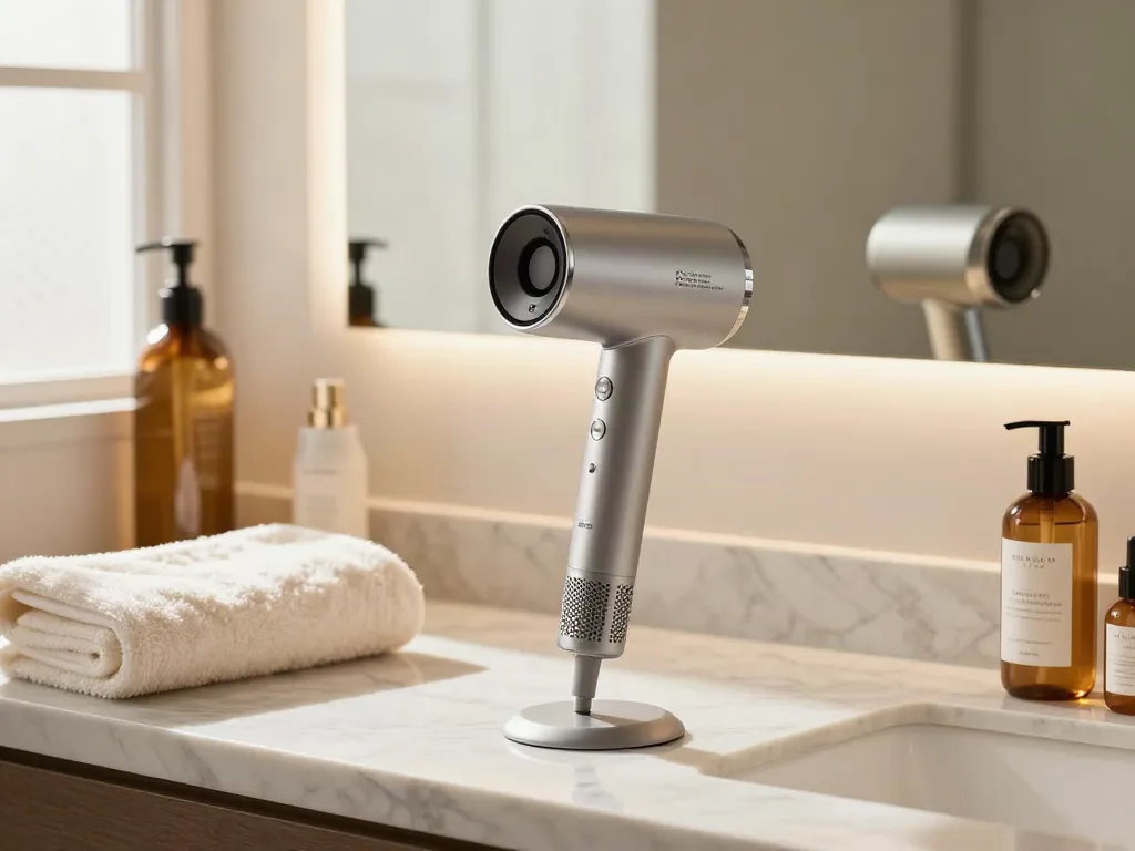 Moderne Haartrockner auf einer Marmortheke im Badezimmer, ideal für den Einsatz mit einem Ionenföhn.