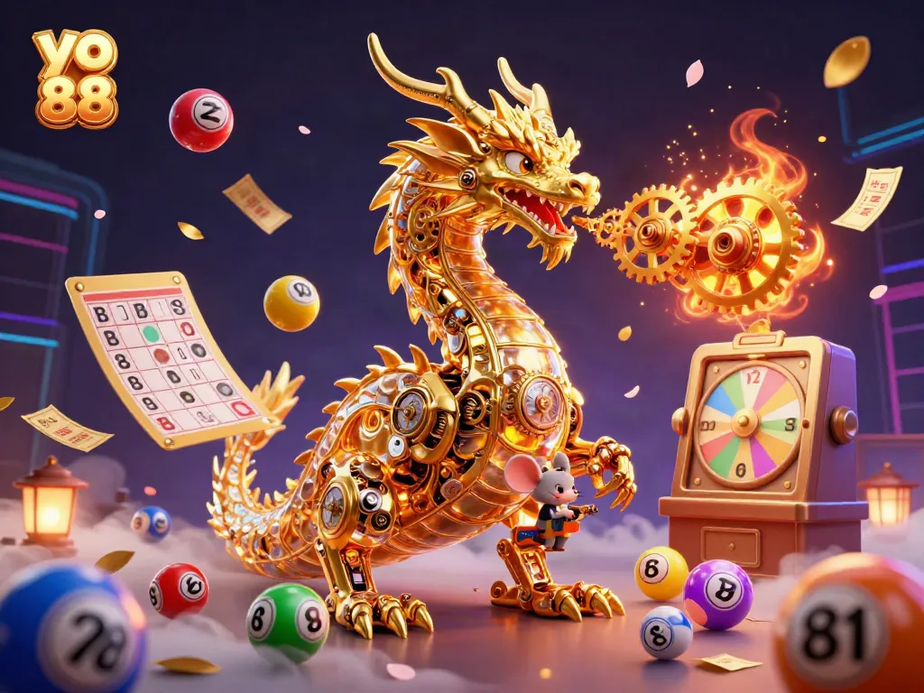 Experience the thrill of yo 88 with a golden dragon and interactive lottery elements in an immersive casino setting.