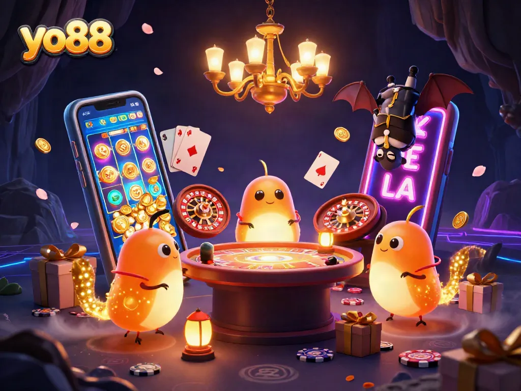 Experience yo88’s thrilling gameplay with glowworms lighting a vibrant casino scene.