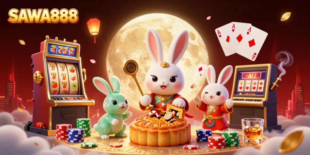 Experience gaming thrills with SAWA888, where the moon rabbit reveals poker chips amidst a vibrant casino scene.
