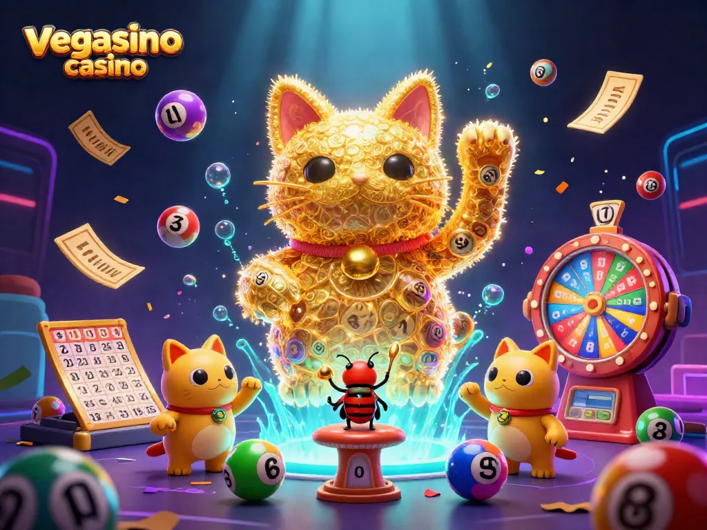 Experience thrilling fun at vegasino casino with an immersive 3D illustration of golden fireflies and casino symbols.