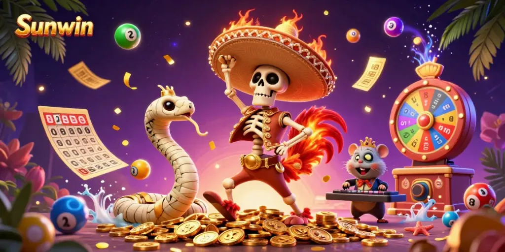 Engage with the exhilarating gaming atmosphere of Sunwin featuring a dynamic celebration of winnings and vibrant characters.