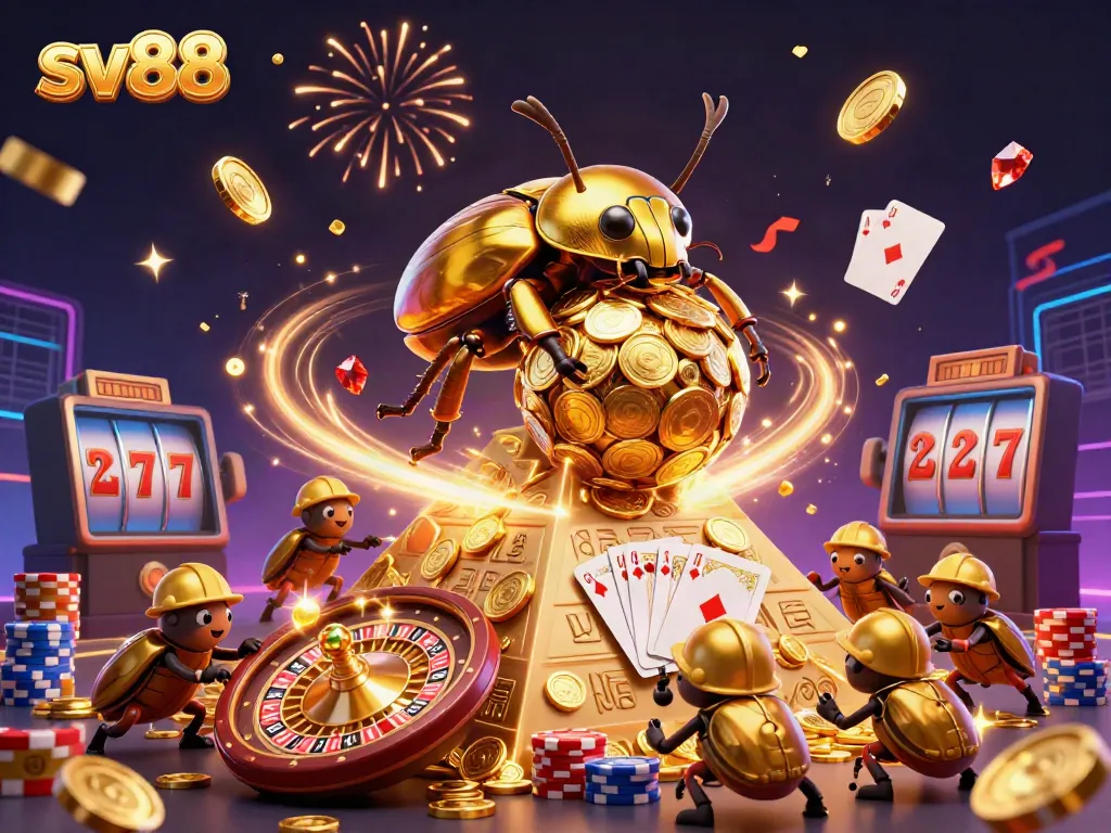 Experience thrilling wins with sv88 in this vibrant casino-themed 3D scene, showcasing golden coins and rich games.