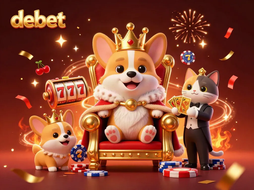 Experience the thrill of gaming at debet with vibrant 3D illustrations of royal characters, poker chips, and festive casino elements.