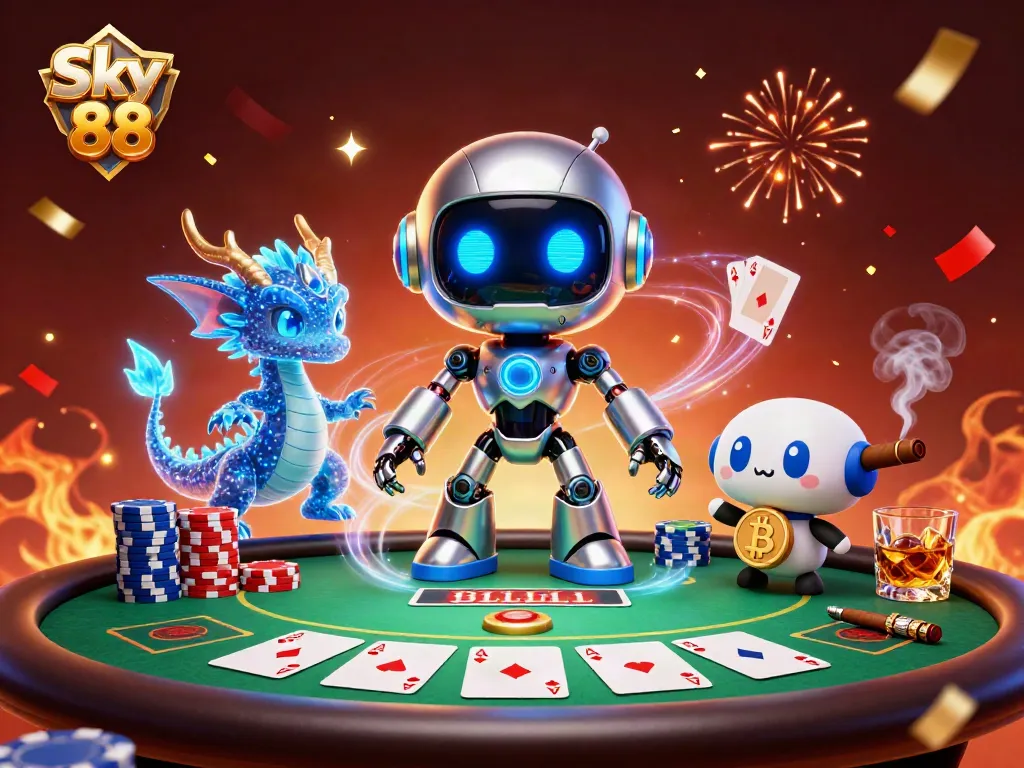 Experience thrilling poker action with Sky 88's robot mascot, poker chips, and vibrant confetti.
