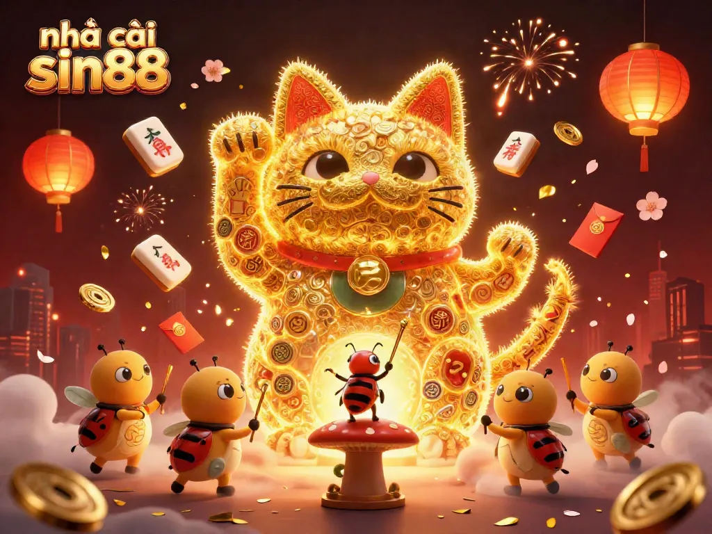 Experience thrilling moments with nhà cái sin88's vibrant golden lucky cat amidst colorful casino elements.