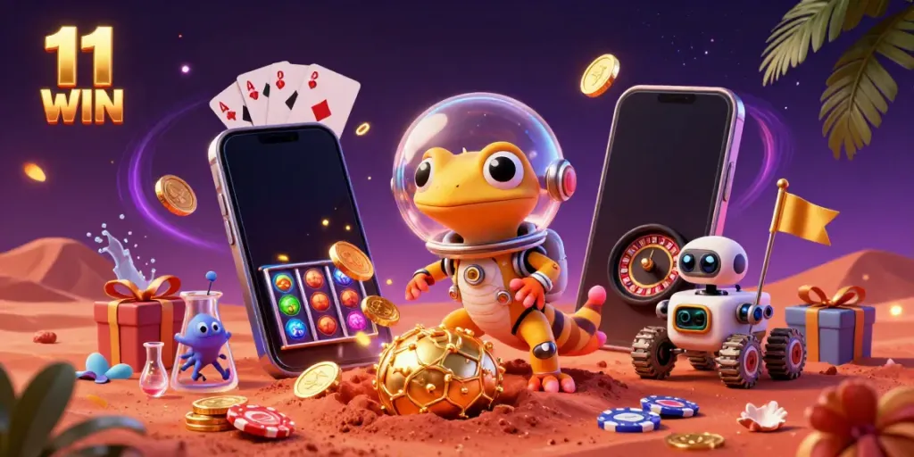 Engage in 11 WIN excitement with a Martian gecko uncovering a golden casino amidst vibrant casino elements.
