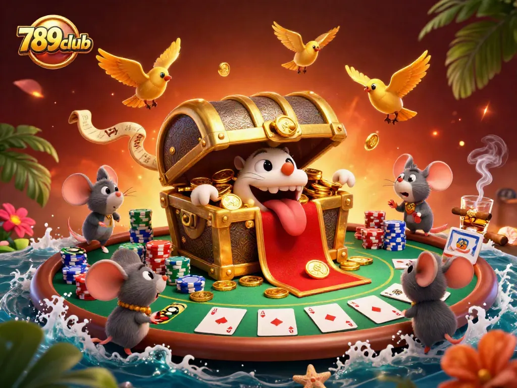 Engage in thrilling adventures at 789club with a vibrant 3D treasure scene filled with golden riches.