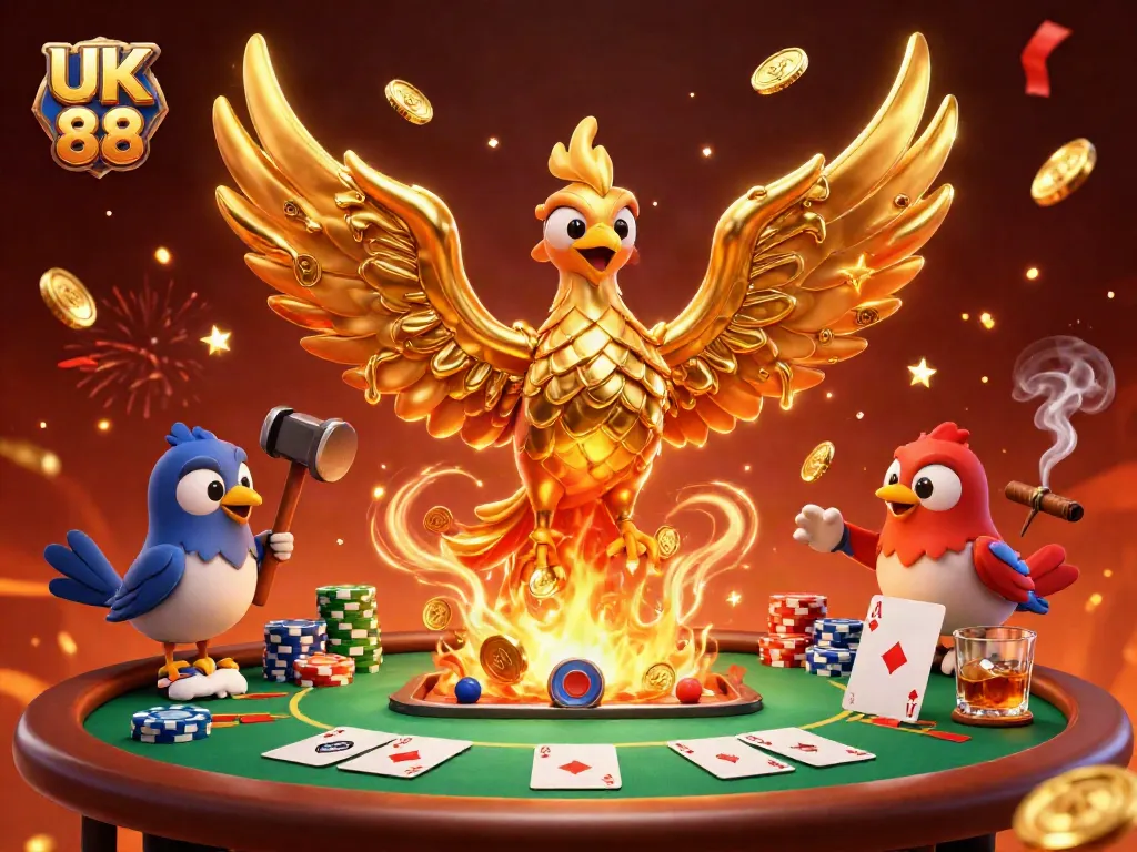 Experience the thrill of UK 88 gaming with this dynamic casino illustration featuring molten gold and poker elements.