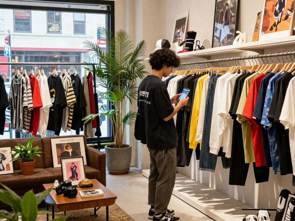 Young shopper using rokok88 app in trendy urban boutique filled with fashionable clothing and accessories.
