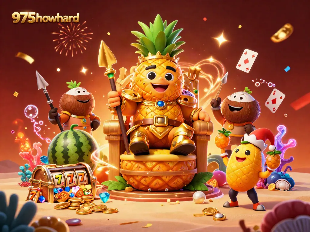 Engage with 975howard's vibrant casino scene featuring a golden pineapple king amidst dynamic gaming elements.